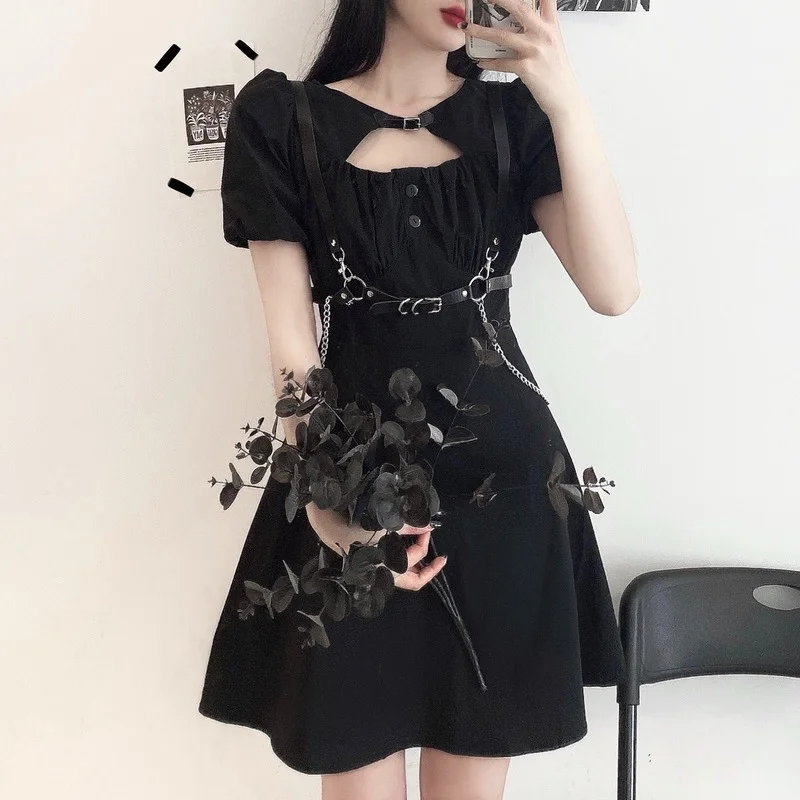 

Dark Fashion Dresses for Women Summer 2022 Puff Sleeve A-line Dress with Belt Chain Female Gothic Punk Style Y2k Dress