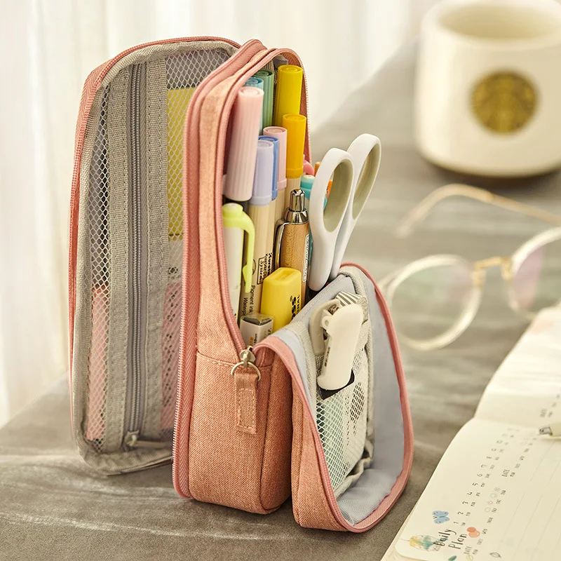 Angoo Normcore Pen Bag Pencil Case Two Layer Foldable Stand Fabric Phone Holder Storage Pouch for Stationery Office School Bags