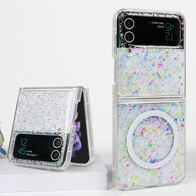

Magnetic Phone Case For Samsung Galaxy Z Flip 4 Case Z Flip 3 5G Wireless Charging Cover Glitter Transparent Hard Magnet Case