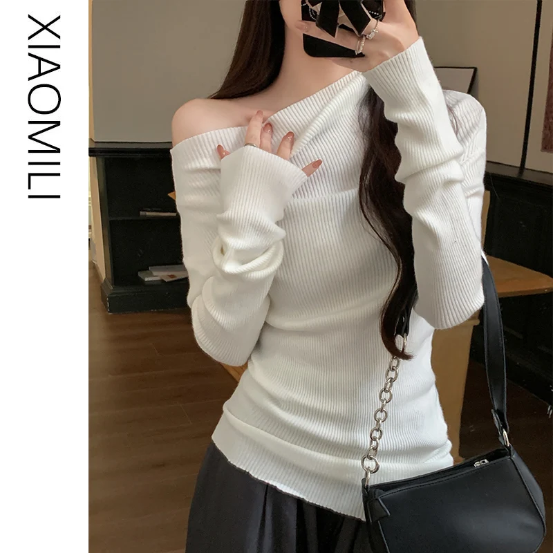 Сексуальная трикотажная женская зимняя рубашка Gyaru с открытыми плечами и