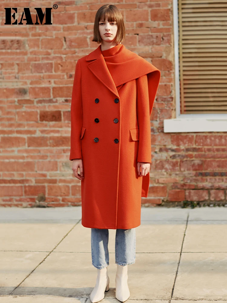 

[EAM] Loose Fit Orange Big Size With Scarf Woolen Coat New Lapel Long Sleeve Women Jacket Fashion Autumn Winter 2023 1DH2920