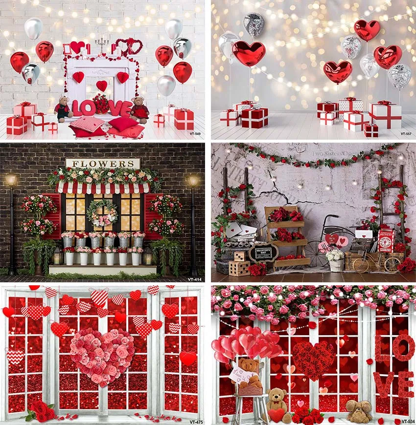 

Valentine's Day Photography Backdrop Red Rose Brick Wall Sweet Love Hearts Wedding Bridal Shower Portrait Background