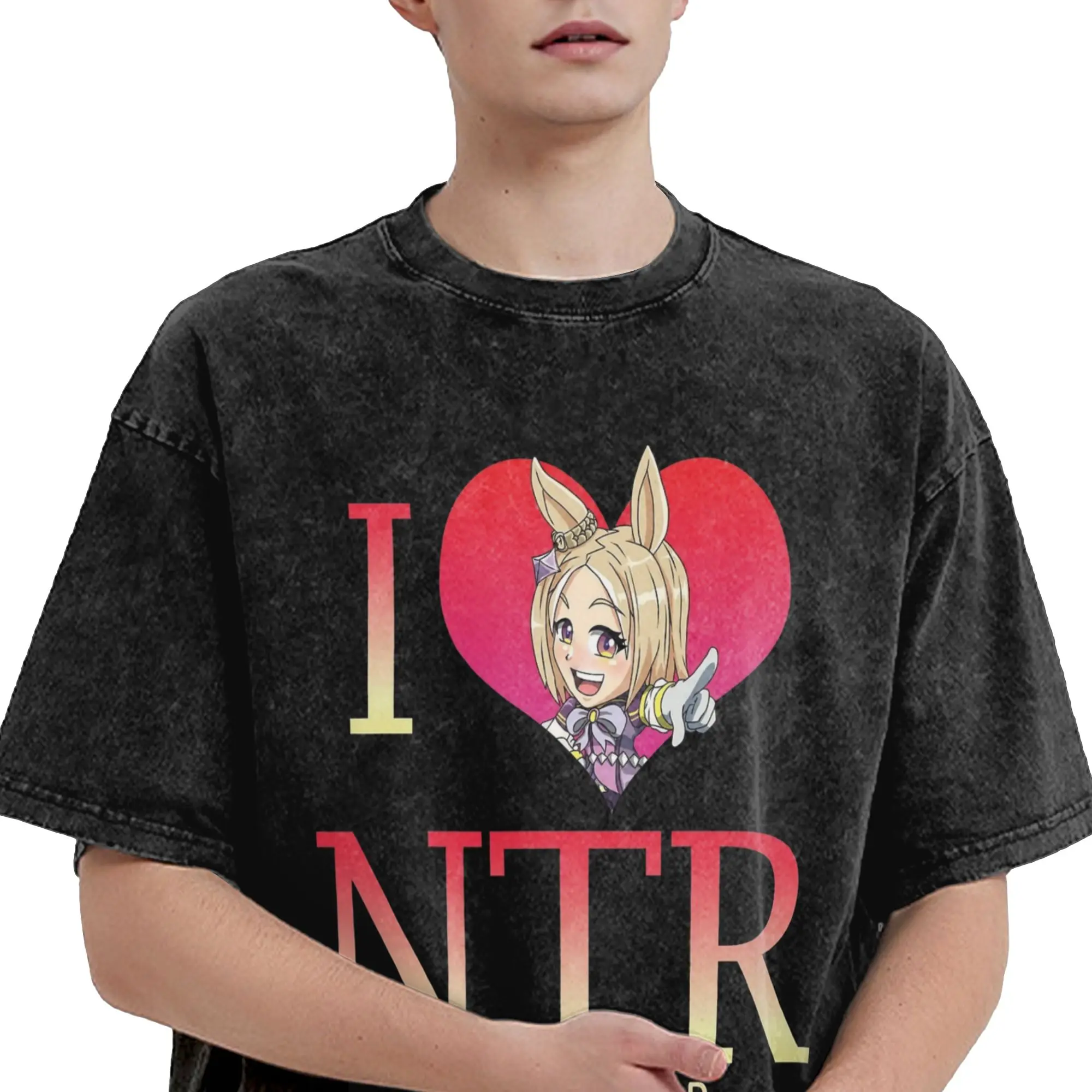 Фото Футболка Umamusume Pretty Derby I Love NTR в стиле хип-хоп, с эффектом потертости, с коротким рукавом, оверсайз, для мужчин и женщин, уличная одежда №5
