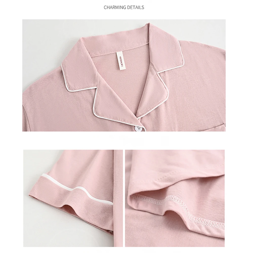 100% Cotton Summer Suit Summer Solid Pajama Sets for Women Casual Short Sleeve Long Pants Comfort Soft Sleepwear pyjama femme