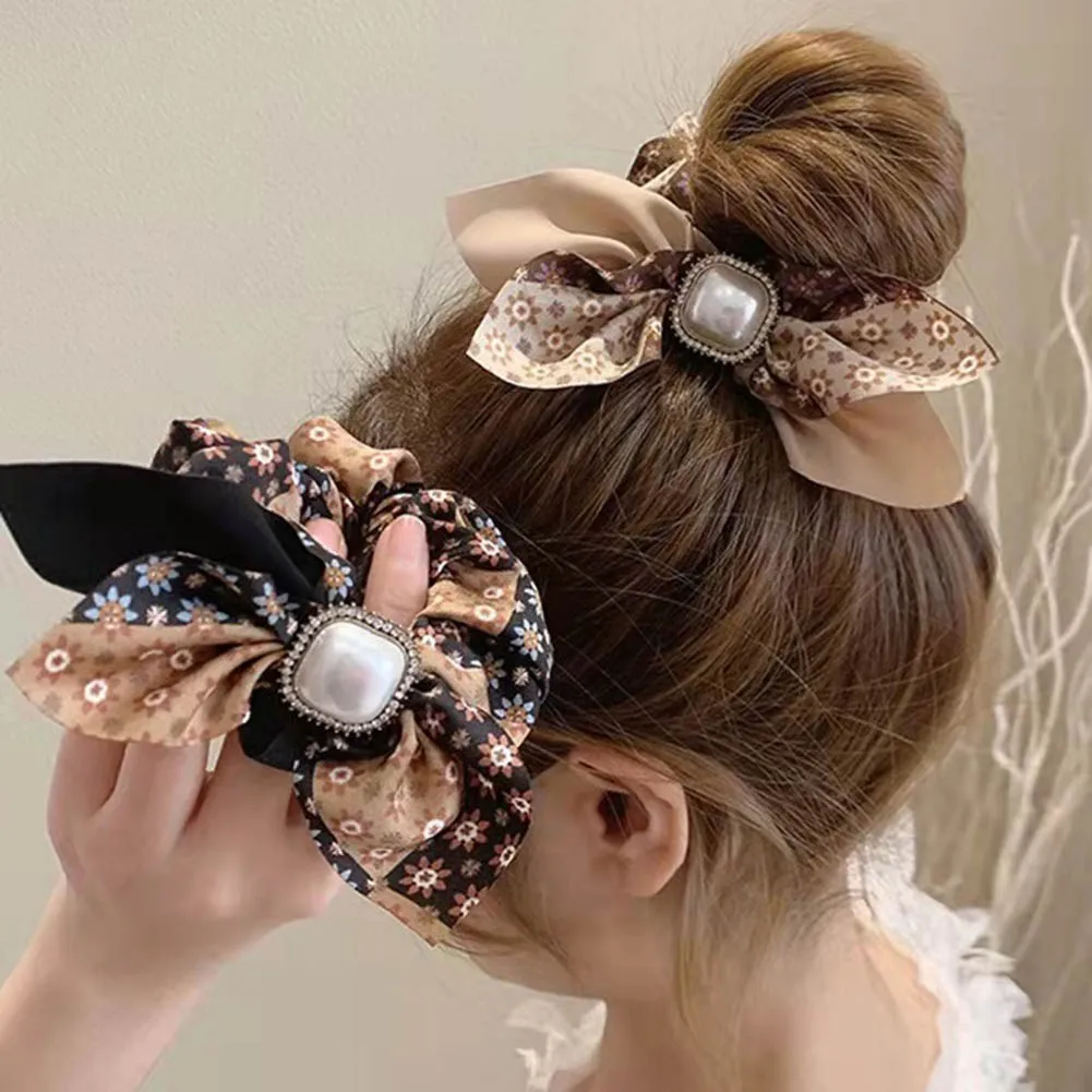 

Diamond-Studded Pearl Floral Bow Bow Large Intestine Hair Ring 2022 Super Fairy Headdress Girl Sweet Heart Hair Accessories