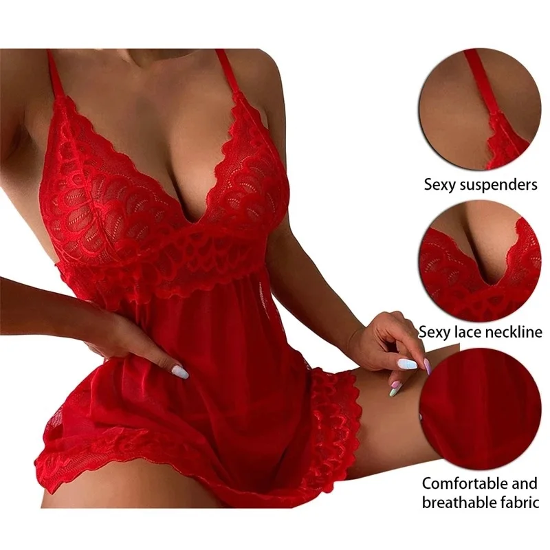 Ohyeahlady Floral Lace Babydoll Nightdress Transparent Short Sleepwear Sexy Nightgown For Women Lingerie Plus Size Underwear Set