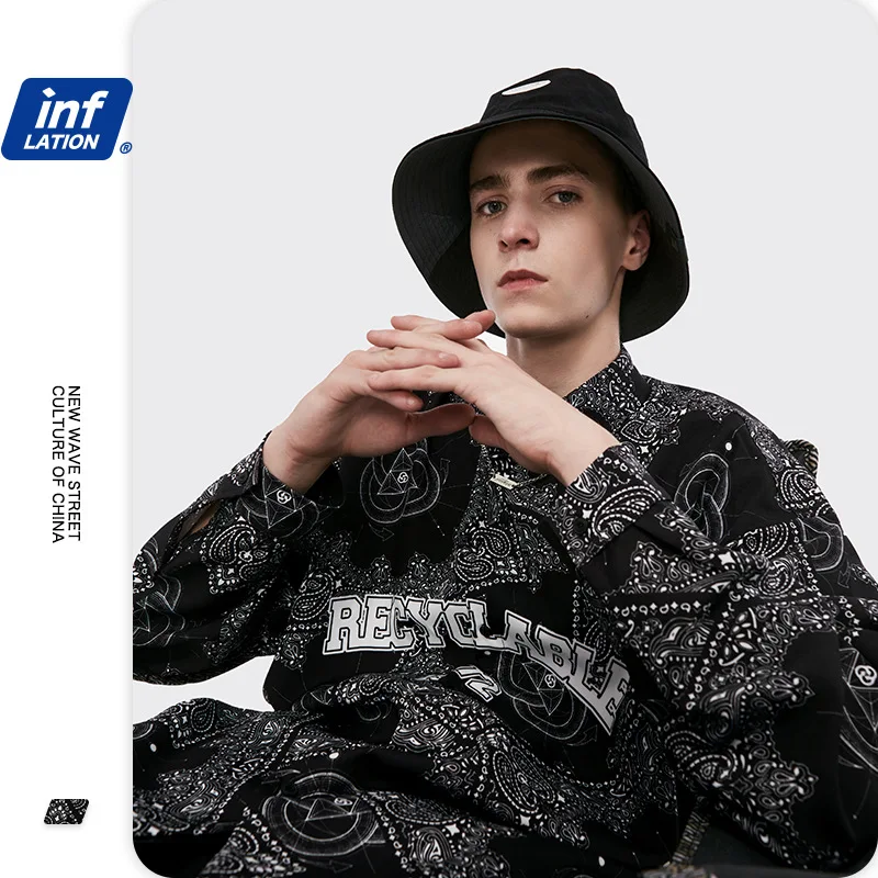 

Men Casual Graphic Summer Bandanna Paisley Muslim Shirt High Street Style Long Sleeve Casual Hiphop Cool Black Loose Shirts