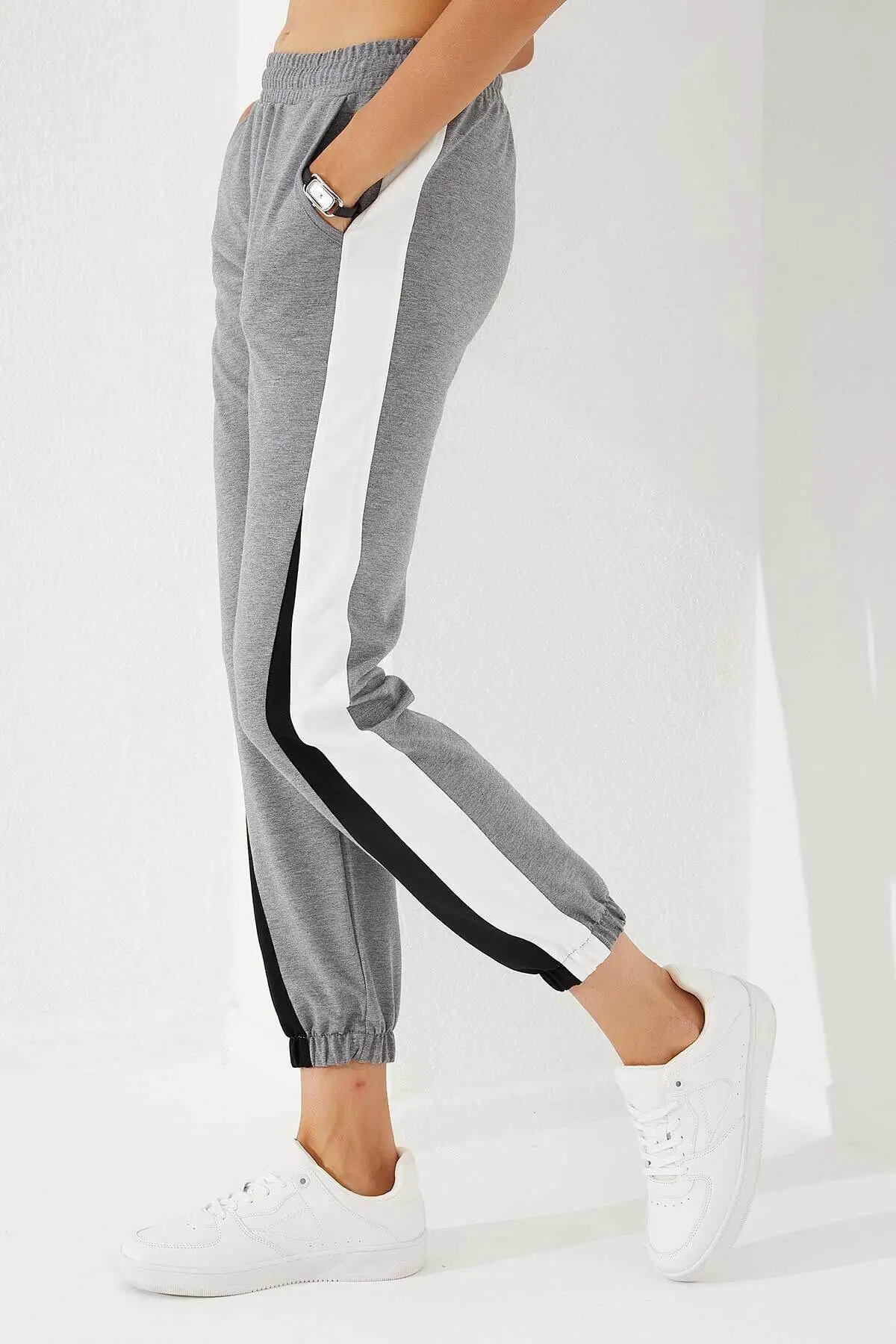 Women's Two Color Garnish Gray Melange Elastic Leg Tracksuit Bottom Casual Wear Sport Women Pants Casual Cotton Outfits