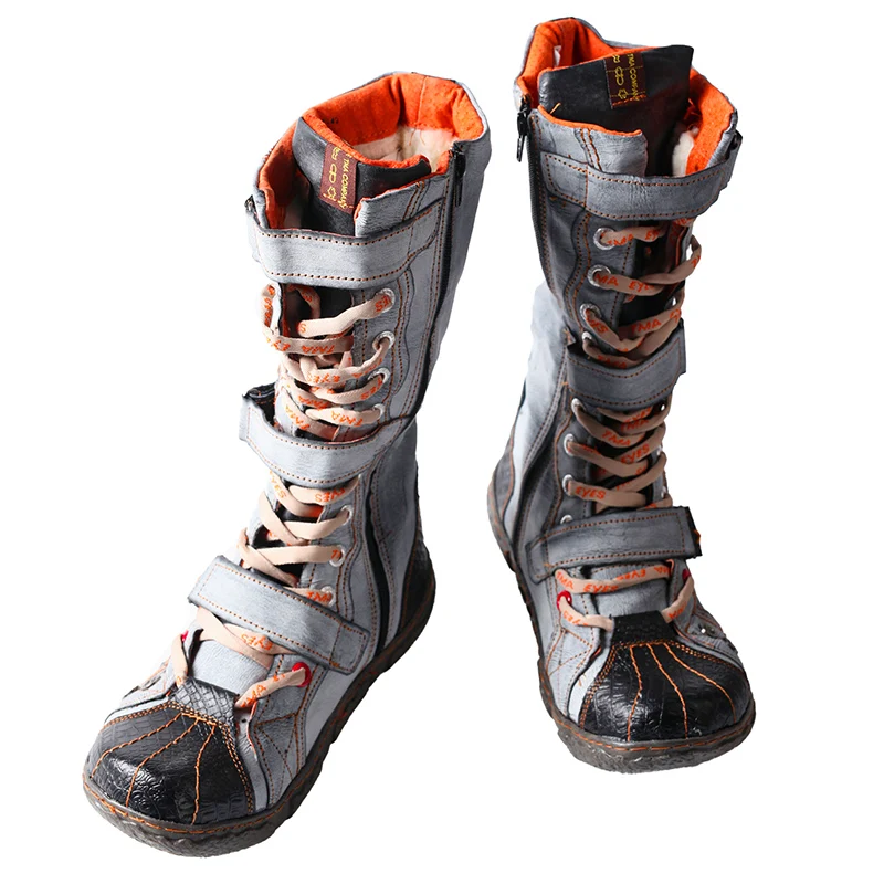 TMA EYES Strape-Accent Washed PU Leather Flat  Winter Warmth Women's Boot With Plus Size