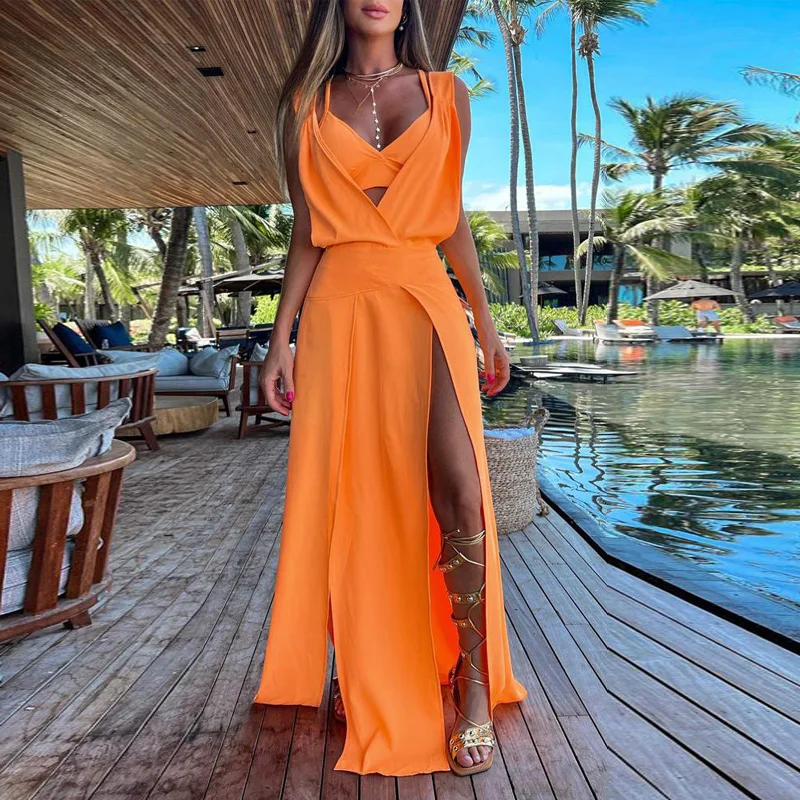 

Elegant Solid Bra Sleeveless Split Long Dress Female Sexy V-neck Hollow Beach Dress Summer Holiday Backless Waist Boho Dresses