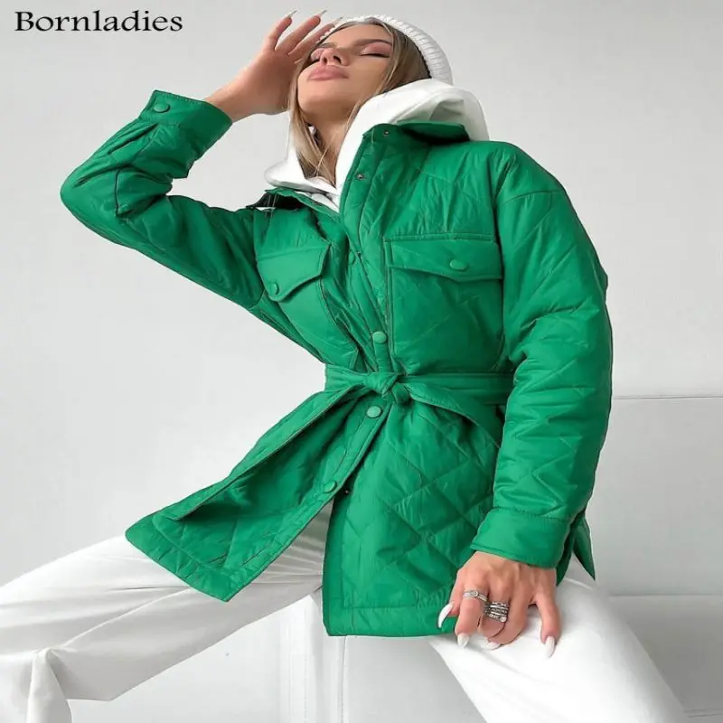 

Bornladies Plaid Quilted Jacket Women Loose Thin Puffer Parkas Coat Vintage Belted Outwear Autumn Winter Ladies Oversize Coat