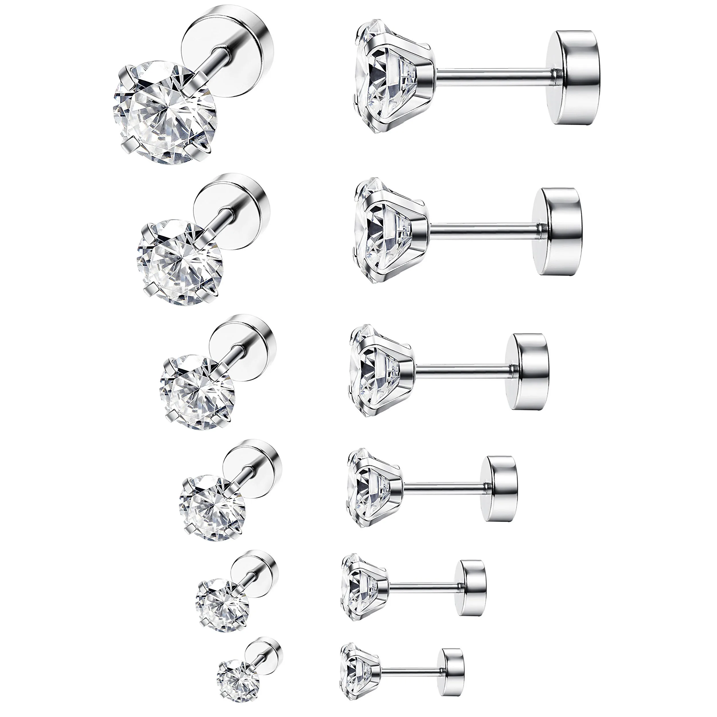 

6 Pairs 18G Stainless Steel Ear Stud Piercing Barbell Studs Earrings Set Round Cubic Zirconia Inlaid Steel Size 2/4/5/6/8/10MM
