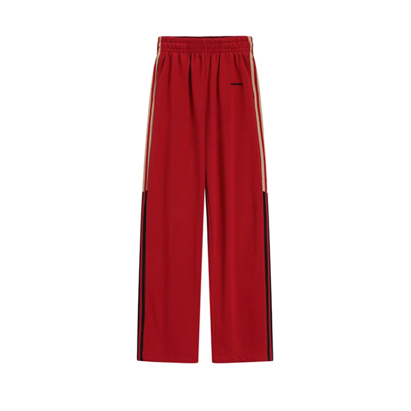 

Red Elastic Waist Stripe Women's Sports Pants Summer New American Street Female Casual Straight Loose Wide Leg Grey Trousers