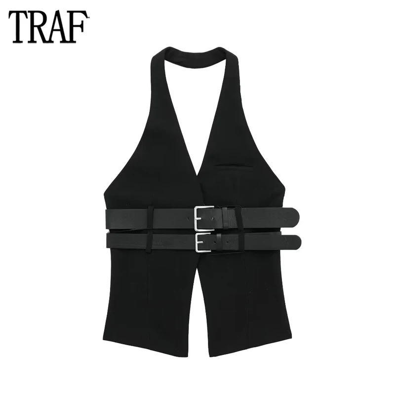 

TRAF 2024 Belt Halter Top Female Black Backless Tank Tops for Women Sleeveless Waistcoat Top Women Streetwear Sexy Top Woman