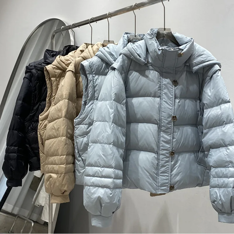 Detachable Sleeves Short Down Jacket Women 2022 New Thicker Loose Bread Jacket Two-wear Vest Jacket