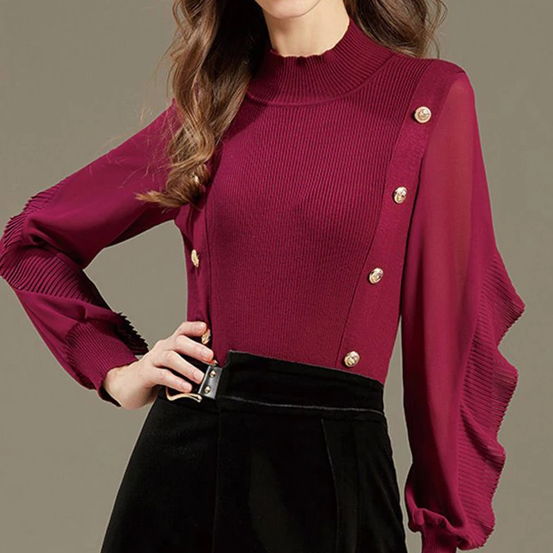 

Autumn and Winter New Vintage Chic Sweaters Women Solid Color Long Lantern Sleeve Button Half High Neck Ruffles Casual Pullover
