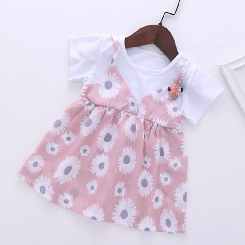 

Summer Baby Girls Short Sleeve Fake 2 Piece Floral Pattern Princess Dress