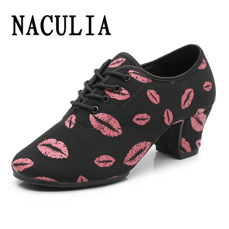 Dance Shoes for Men Women Girls Ballroom Red Lips Indoor Oxford Leather Sole Modern Tango Jazz Practise Salsa Shoes Lip Print