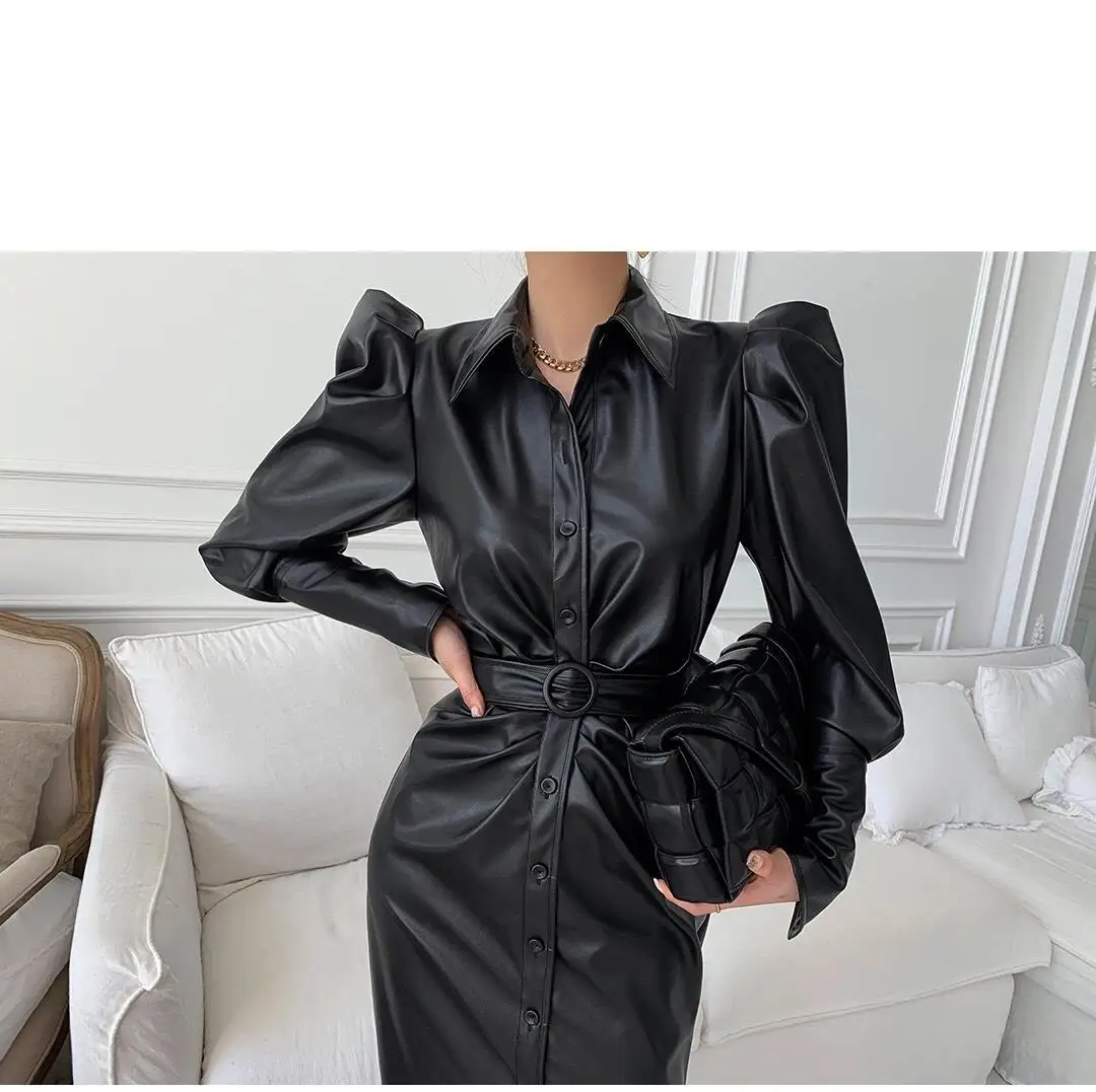 

Korean chic Turn-down collar single breasted belt waist split bubble sleeve PU Leather Motorcycle dress long skirt women