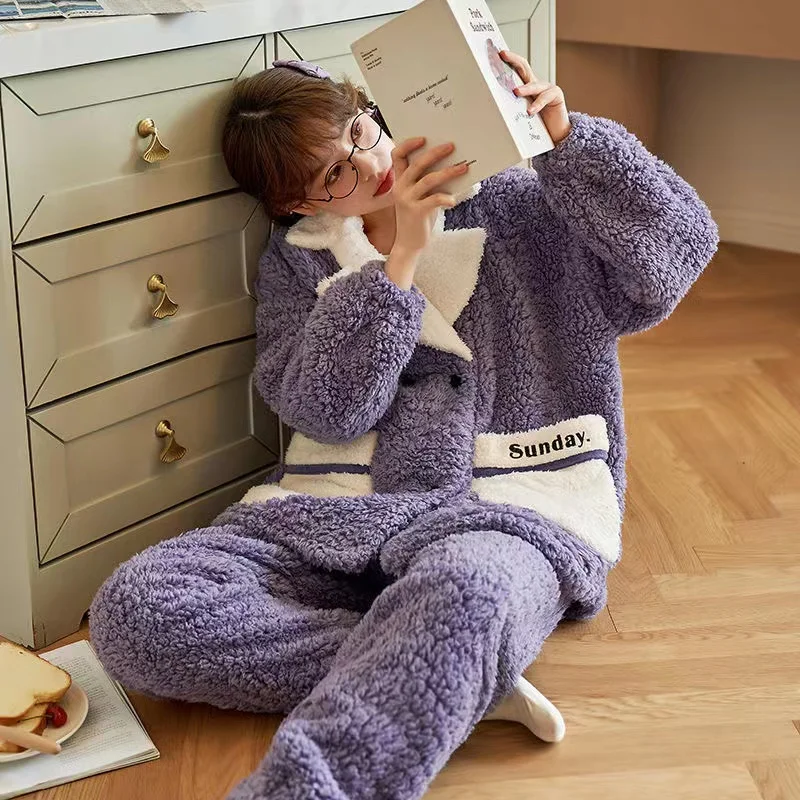 Winter Women Coral Fleece Pajamas Sets 2022 New Thick Warm Flannel 2 Piece/Set Sweet Cute Loungewear Home Clothes Female
