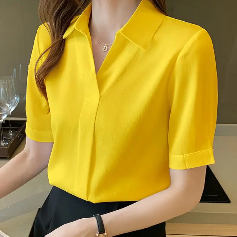 

Fashion Solid Lapel V Neck Women Chiffon Blouse Korean Summer Simple Short-sleeve Womens Office Tops and Blouses Blusas mujer