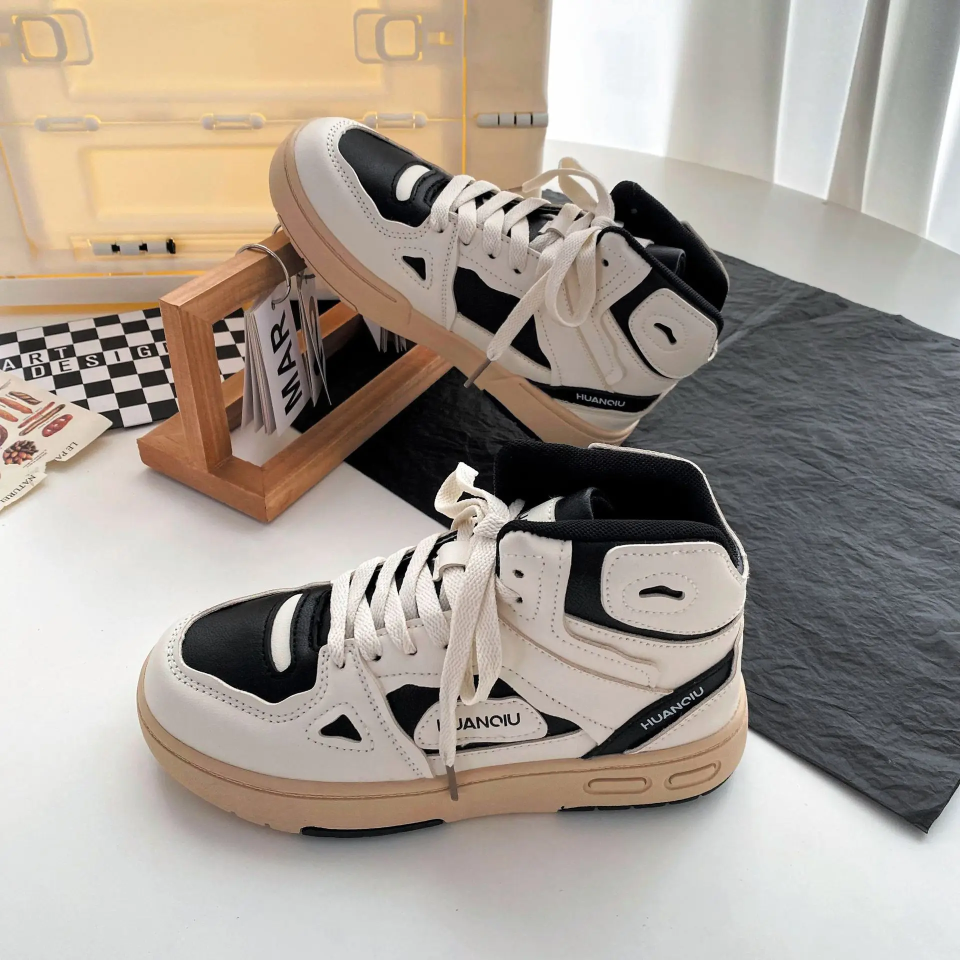 

INS Brand Leather Women's Sneakers High Top Beige Casual Lace Up Flats Woman Sport Sneakers Shoes Tennis Female Vulcanized Shoes