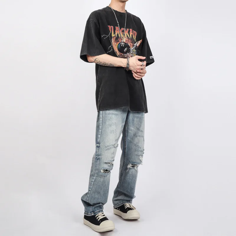 Men's Jeans High Street Retro Hip Hop Straight Loose Ripped Jeans Trend Korean Version Y2K Men's Pants Ins Hot Sale Baggy Jeans