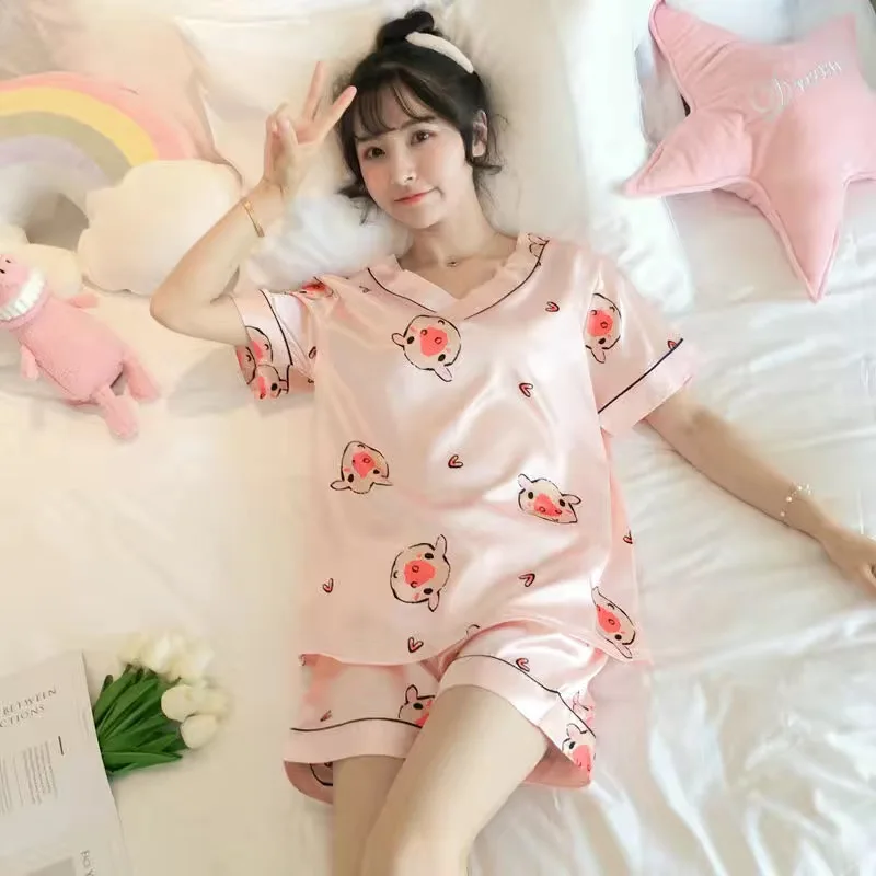 Ice Silk Pajamas Women's Summer Short-sleeve Shirts Thin Sweet  Popular Silk Home Clothes Two-piece Suit