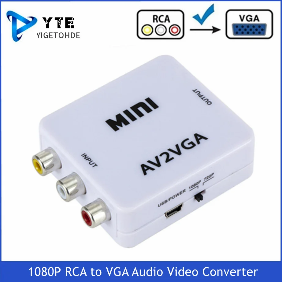 Мини-видеоконвертер YIGETOHDE HD 1080P RCA AV в VGA, видеопреобразователь с 3,5 мм аудио AV2VGA / CVBS + аудио в ПК HDTV