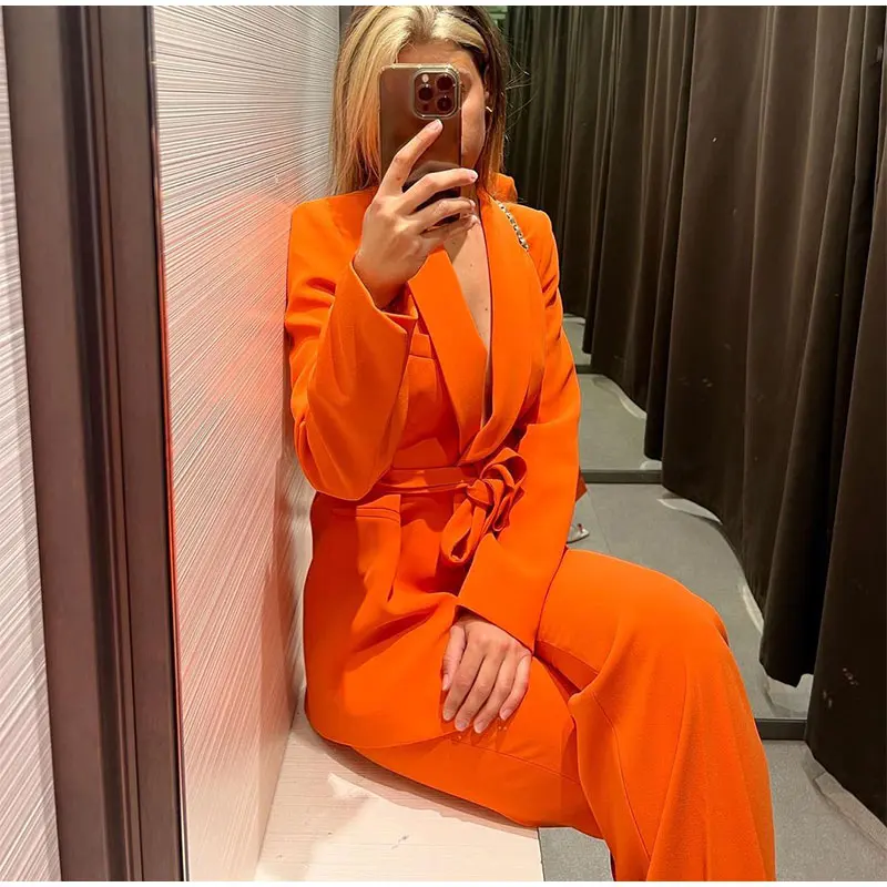 

Women Fashion Solid Lace Up Blazer Set Chic Lapel Long Sleeved High Waist Pants Suit 2023 Spring Office Ladies Elegant Outfits