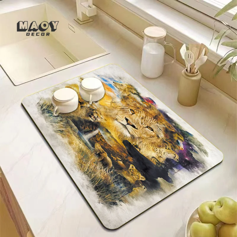 

Paranormal Drain Pad Absorbent Tableware Mat Animals Printed Kitchen Multifunctional rubber Dish Drying Countertop Decor Rug