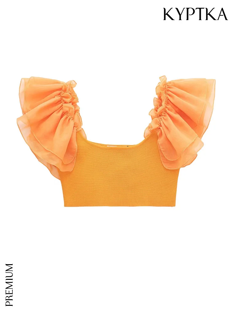 

Женская трикотажная блузка KYPTKA, белая винтажная блузка с оборками, круглым вырезом и коротким рукавом,