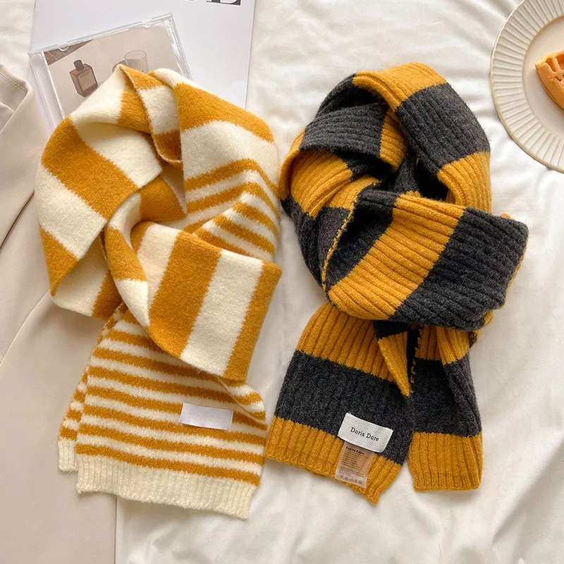 

Wool Knitted Neck Scarfs For Women Winter Warm Shawls Wraps Striped Print Cashmere Scarves Female Korea Harajuku Scarf 22*170CM