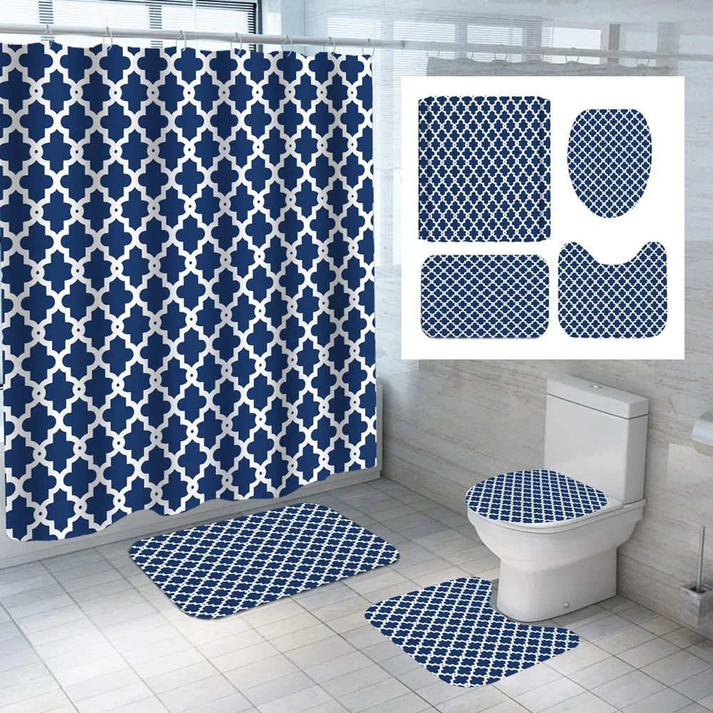 

Geometric Waterproof Shower Curtains Set Non-Slip Rug Toilet Lid Cover Bath Mat Modern Art Fabric Bathroom Decor Hanging Curtain