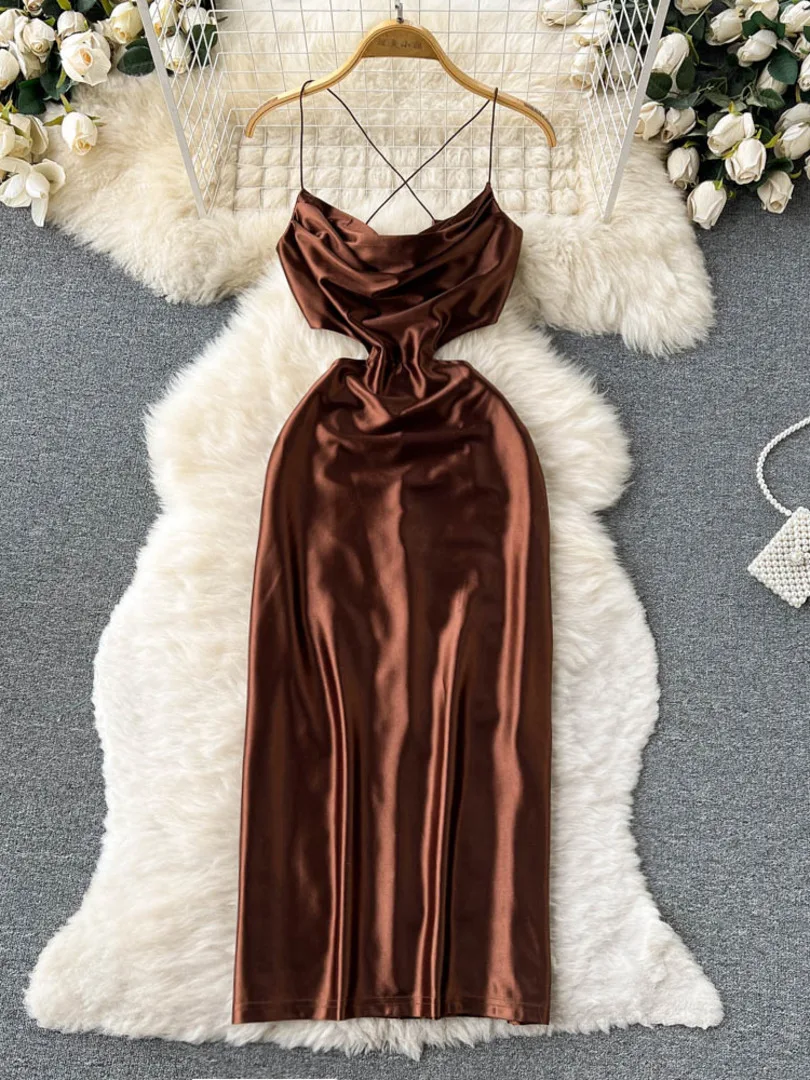 

Foamlina Sexy Spaghetti Strap Satin Dress Women Fashion Summer Sleeveless Hollow Out Criss Cross Back Evening Party Long Dress