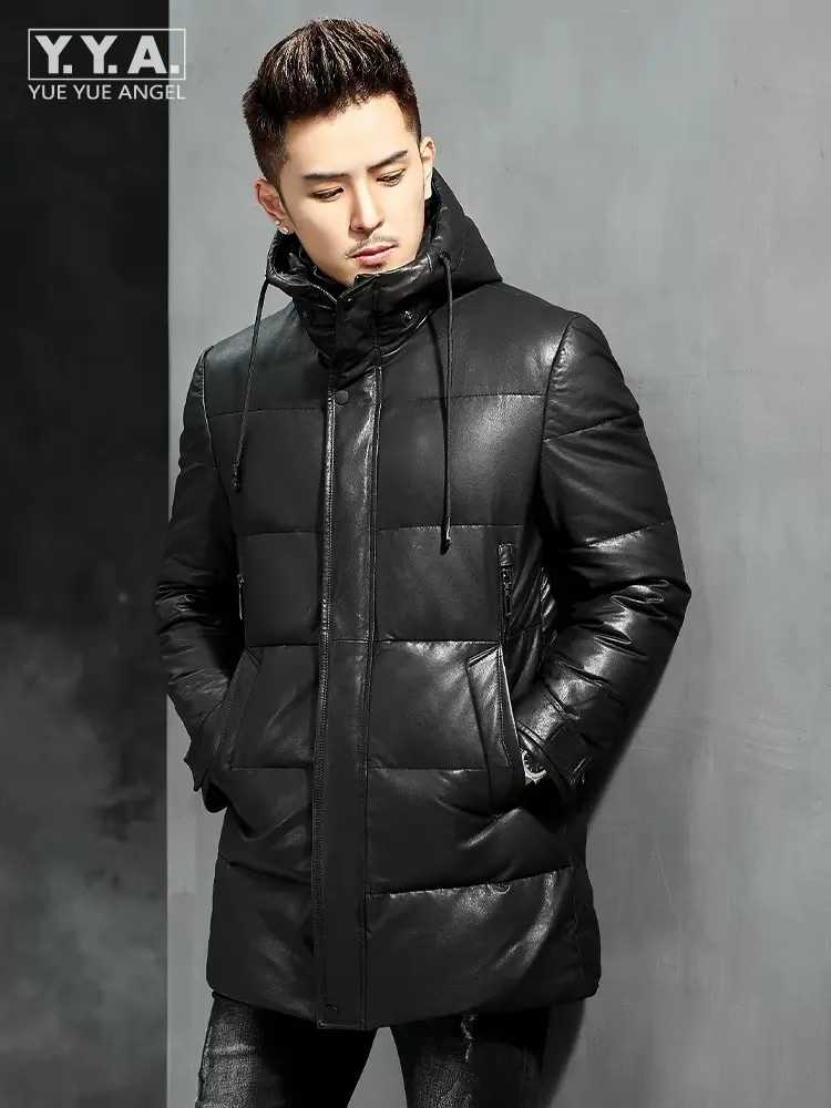 

Mens Hooded Down Jacket Winter Warm Genuine Leather Overcoat Stand Collar Windproof Street Casual Sheepskin Windbreakers Coat