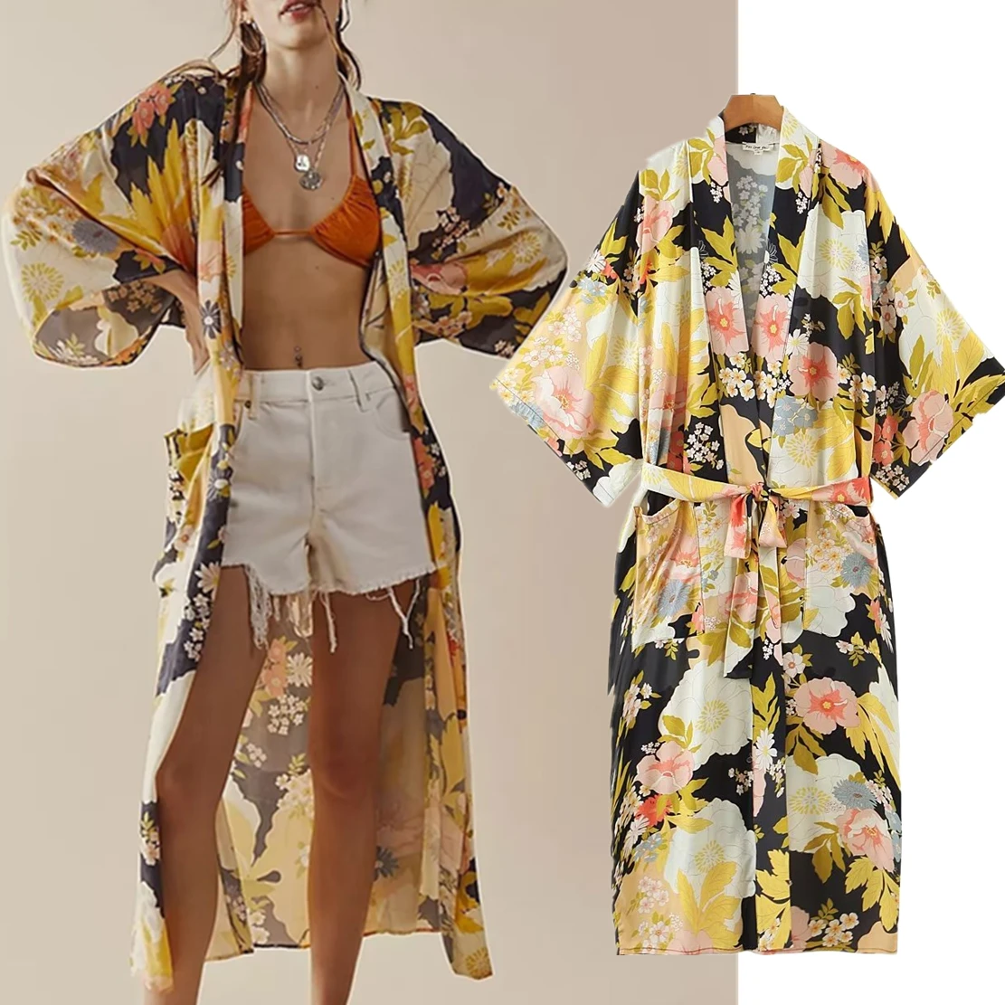 

Withered Bohemian Style Floral Print Kimono Cardigans Indie Folk Long Jacket Women