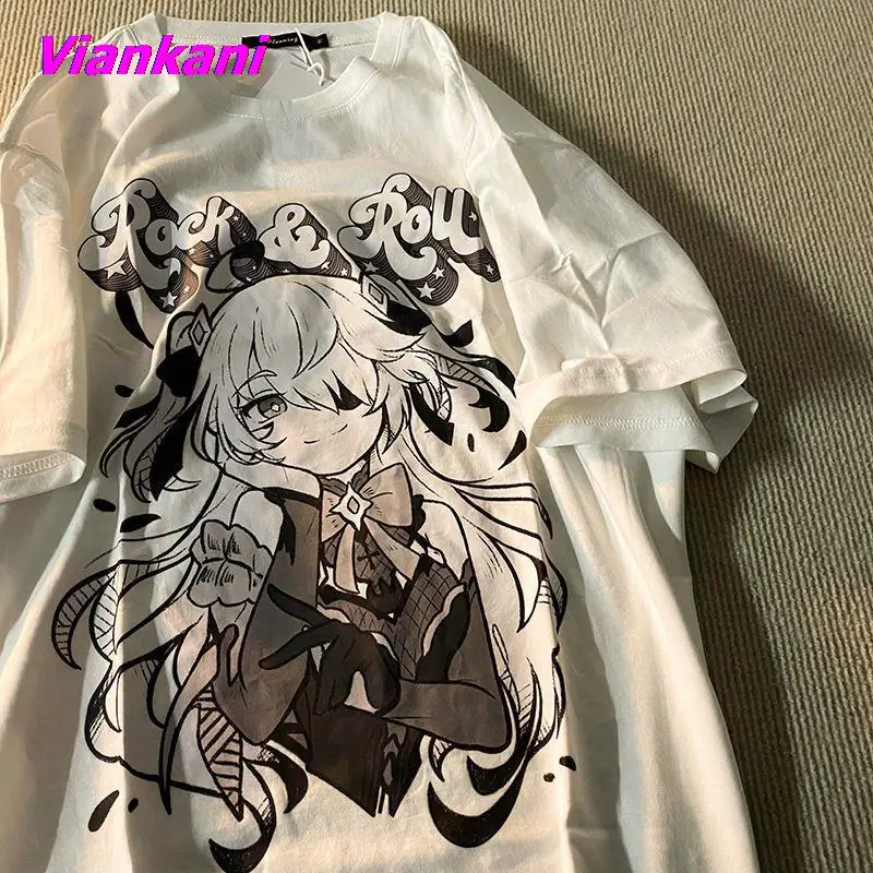 

Летняя футболка с аниме принтом, Корейская Свободная рубашка с коротким рукавом для мужчин и женщин, модная двухмерная футболка в стиле пре...