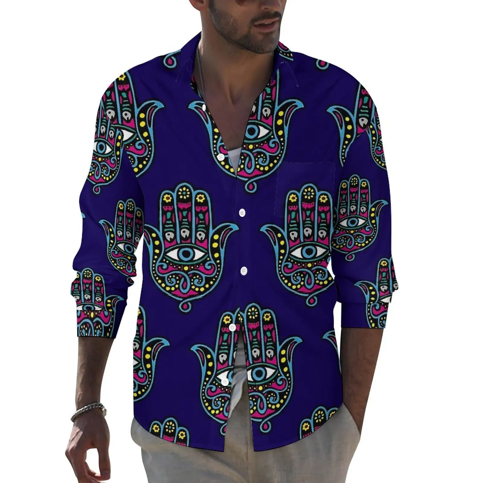 

Hamsa Hand Print Shirt Men Hand of Fatima Casual Shirts Autumn Streetwear Blouses Long Sleeve Trendy Oversized Clothing Gift