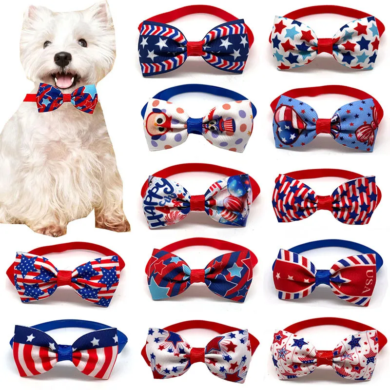 

50/100pcs Small Dog Puppy American Independence Days Bow Ties US Flag Pattern Pet Dog Necktie Adjustable Pet Dog Collar Bow Tie
