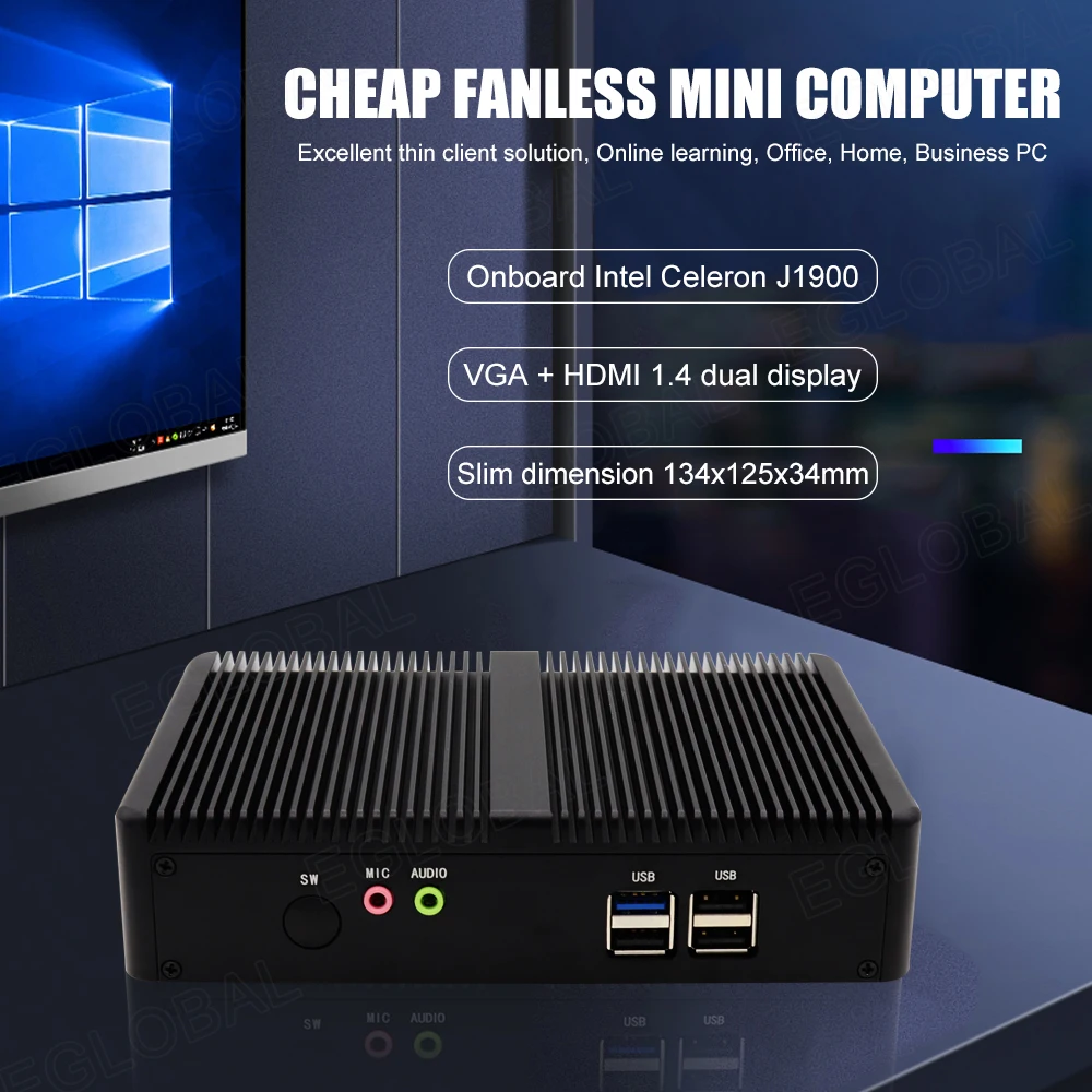 EGLOBAL Low price Mini PC Intel Celeron J1800 and J1900 CPU supported 2LAN H-D 1.4 VGA ports Minipc Linux Dual display