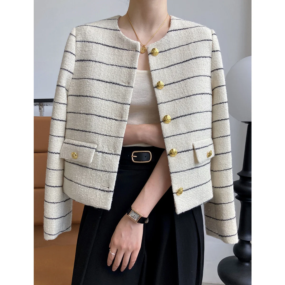 

2022 Autumn And Winter New Striped Tweed Short Coat Temperament Women's Cardigan Tops Female Fashion Clothing Stylish Jacket