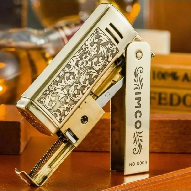 Фото Оригинальная зажигалка IMCO Retro Deep Carving Brass, ветрозащитная, с креативным дизайном, винтажная, с шлифованным колесом, для мужчин, коллекционные подарки №4