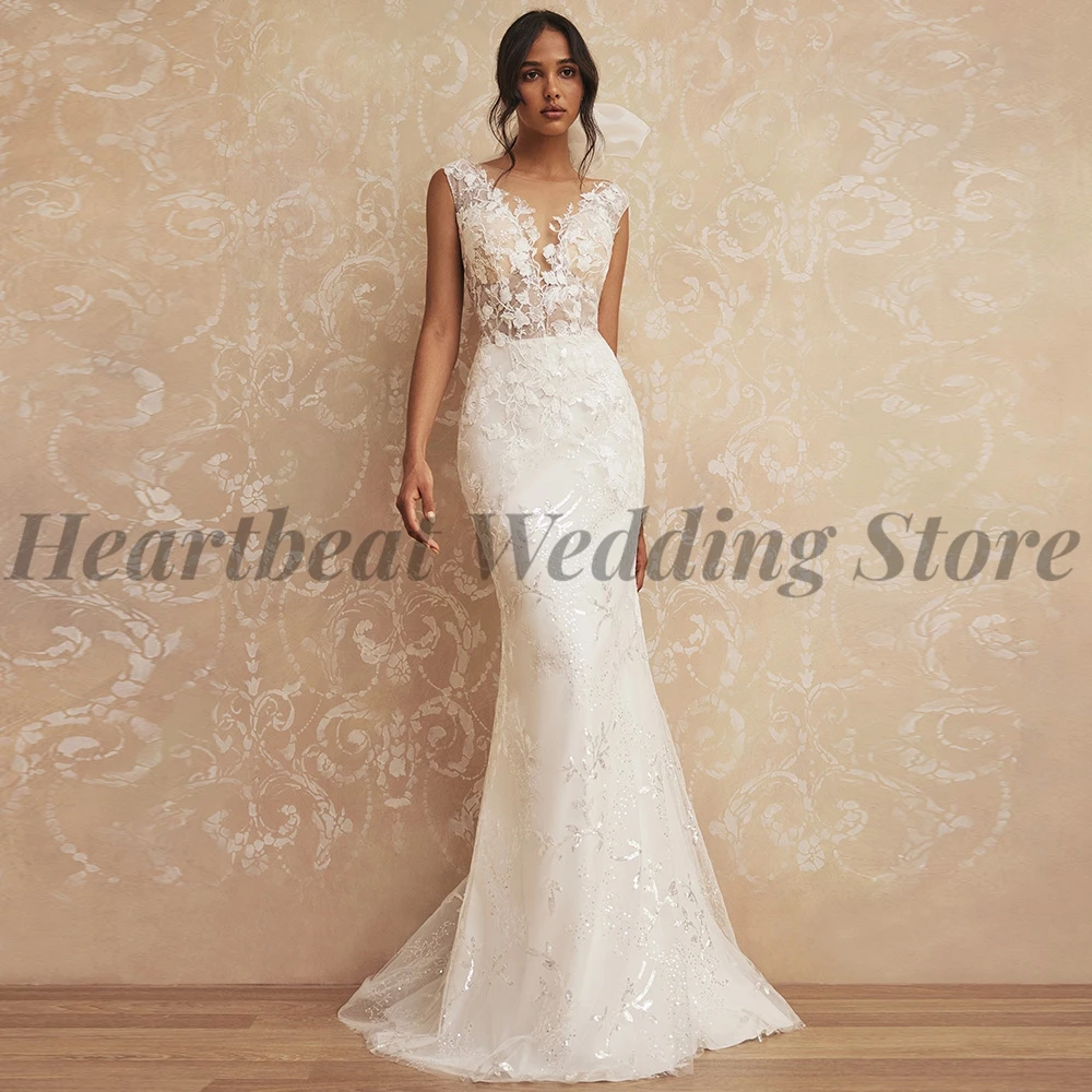 

2023 Exquisite Wedding Dress Mermaid Court Train for Brides with Backless Lace-Up V-Neck Sleeveless and Applique Sequins Beads