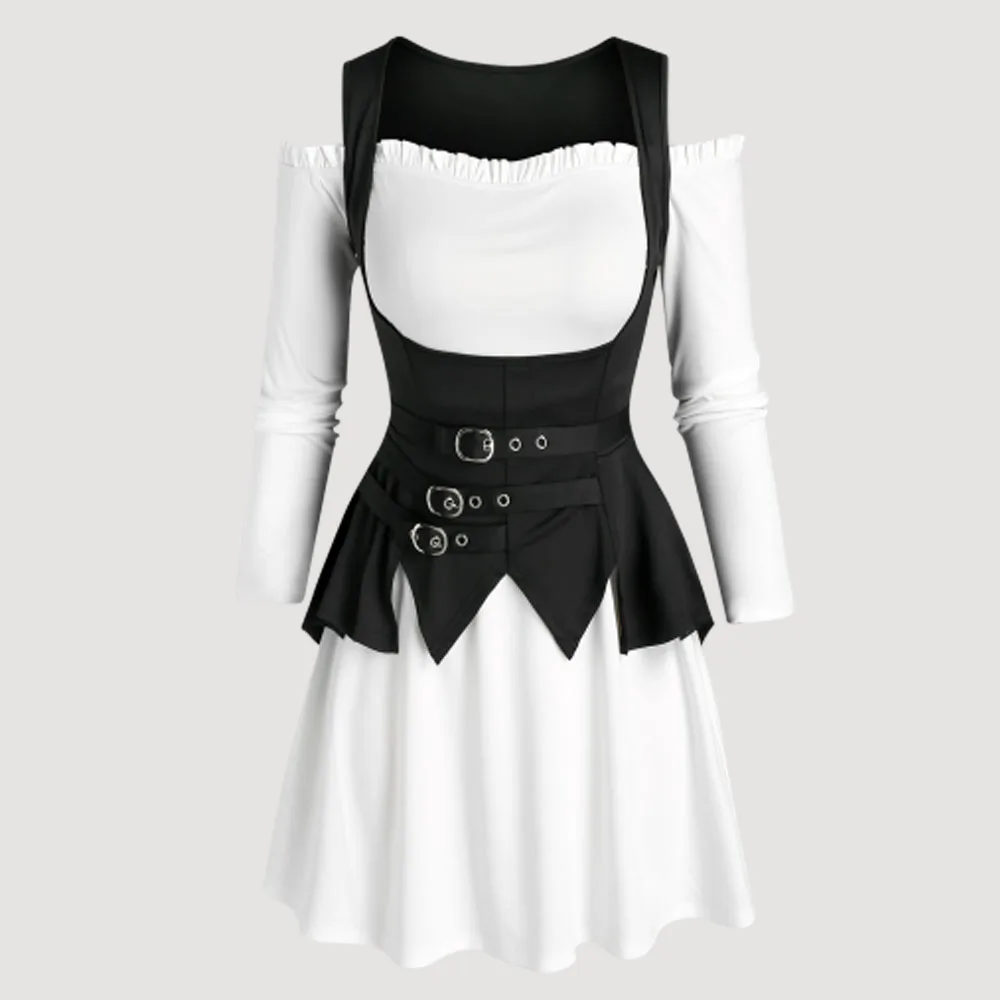 

Long Sleeve Off The Shoulder A Line Mini Twinset Dress With Buckle Strap Asymmetrical Vest Women Fashion Robe Set