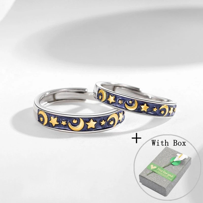 Silvology Real 925 Sterling Silver Starry Sky Star Moon Couple Ring for Women Men Original Romantic Valentines Day Jewelry Gift