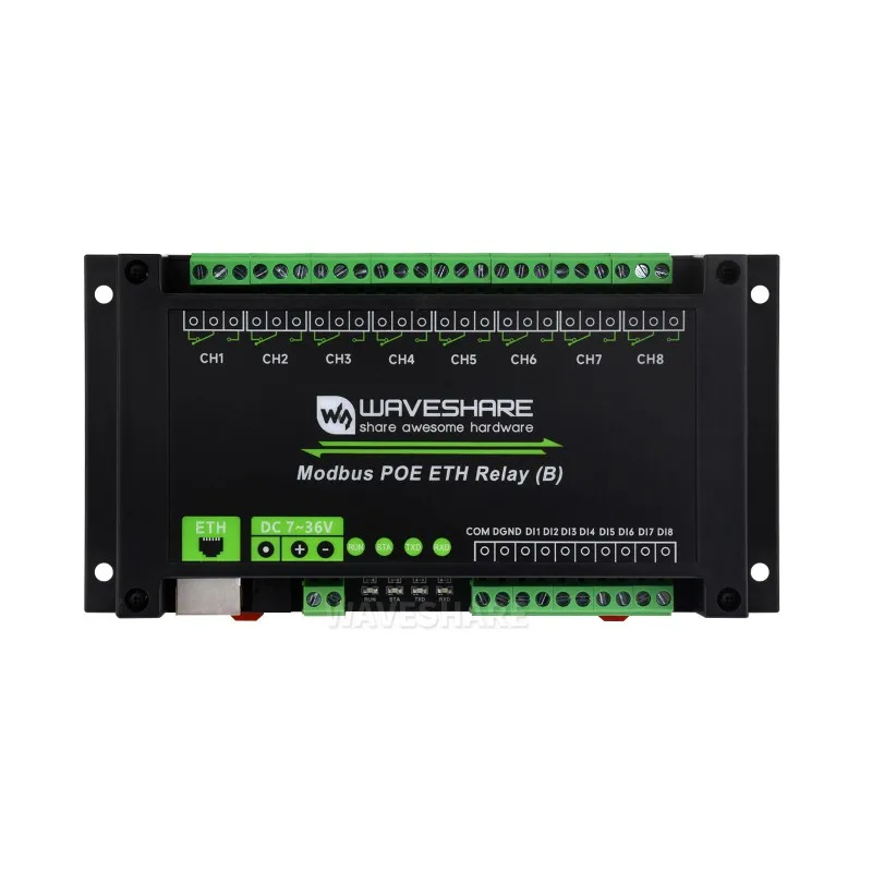 8-ch Ethernet Relay Module (B) with Digital Input Ethernet Port Communication Modbus Protocol PoE Power Supply
