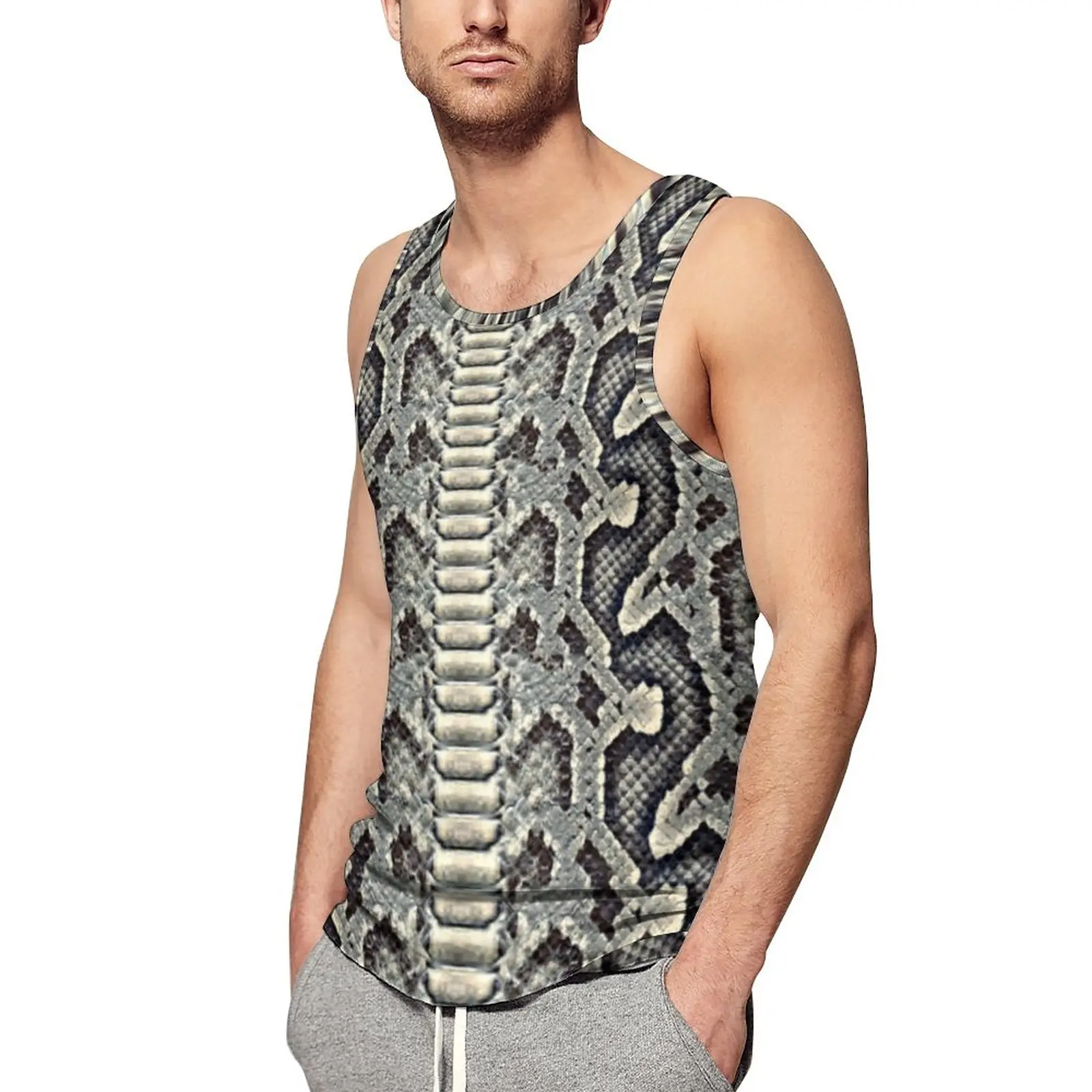 

Grey Snakeskin Daily Tank Top Animal Print Bodybuilding Tops Males Design Sportswear Sleeveless Vests Plus Size 4XL 5XL