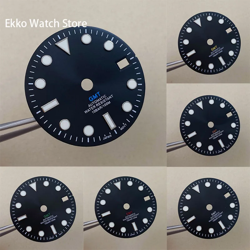 

28 5mm NH34 Dial Silver Sticker Black Gmt Sunburst Sterile with S Logo C3 Green Luminous Watch Face Eiko Mod