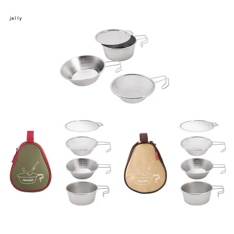 

448C 4Pcs Mountaineering Water Cup Cookware Stainless Camping Sieve Bowls Set